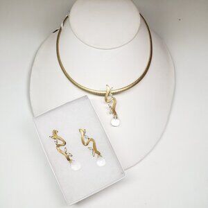 Gold Tone Necklace & Earrings Set with Cubic Zirconia & Clear Faceted Teardrop